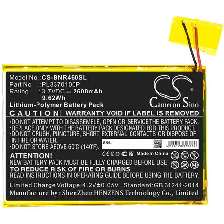 3.7V, Li-Polymer, 2600mAh, Tablet battery fits Barnes & Noble, Pl3370100p, Bntv450, Bntv460, 9.62Wh Tablet Cameron Sino Technology Limited