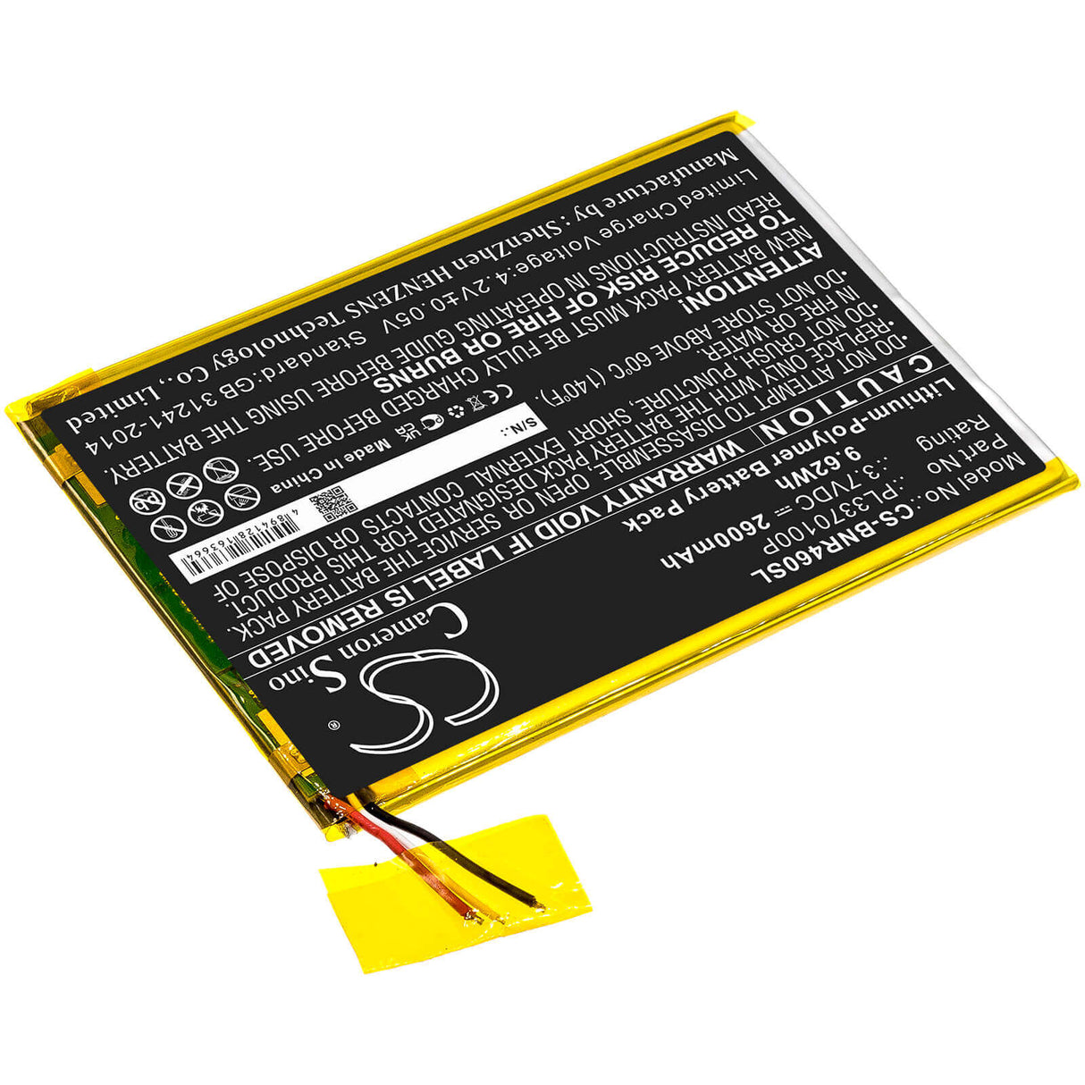 3.7V, Li-Polymer, 2600mAh, Tablet battery fits Barnes & Noble, Pl3370100p, Bntv450, Bntv460, 9.62Wh Tablet Cameron Sino Technology Limited