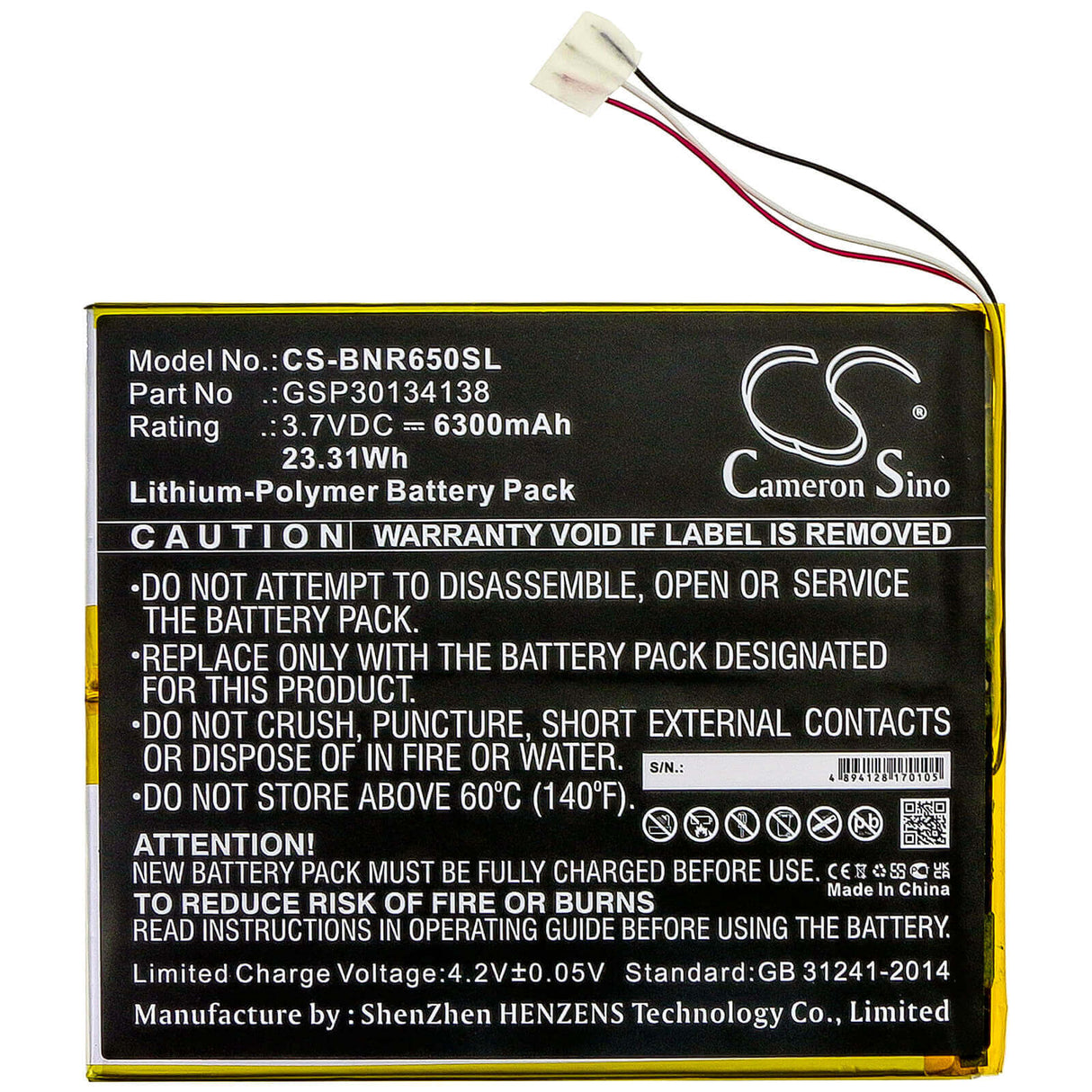 3.8V, Li-Polymer, 6300mAh, Tablet battery fits Barnes & Noble, Gsp30134138, Bntv650, Nook 10.1, 23.94Wh Tablet Cameron Sino Technology Limited