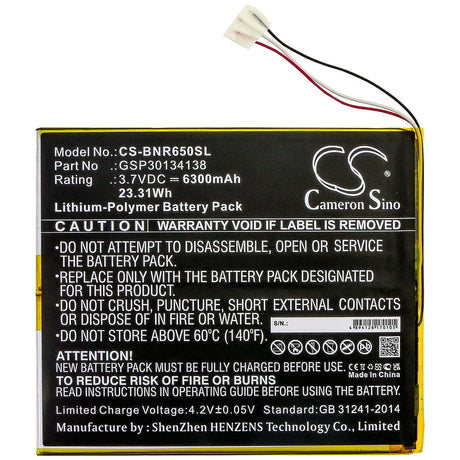 3.8V, Li-Polymer, 6300mAh, Tablet battery fits Barnes & Noble, Gsp30134138, Bntv650, Nook 10.1, 23.94Wh Tablet Cameron Sino Technology Limited