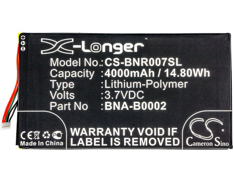 3.7V, Li-Polymer, 4000mAh, Tablet battery fits Barnes & Noble, Bna-b0002, Bnrv400, Bntv400, 14.80Wh Tablet Cameron Sino Technology Limited
