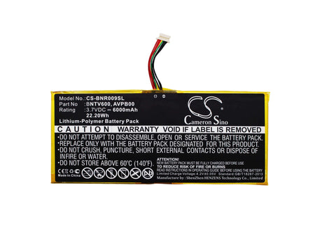 3.7V, Li-Polymer, 6000mAh, Tablet battery fits Barnes & Noble, Avpb00, Bntv600, Nook Hd+ Plus, 22.20Wh Tablet Cameron Sino Technology Limited
