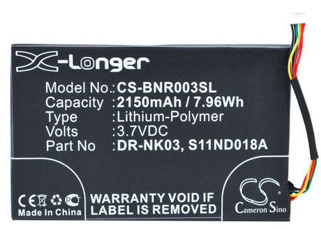3.7V, Li-Polymer, 2150mAh, E-book, E-reader battery fits Barnes & Noble, Dr-nk03, Bnrv300, Bntv350, 7.96Wh E-book, E-reader Cameron Sino Technology Limited