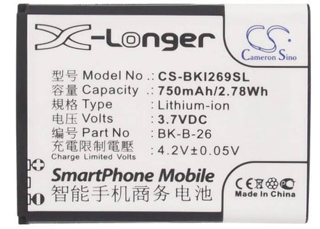 3.7V, Li-ion, 750mAh, SmartPhone battery fits Bbk, Bk-b-26, I188, I269, 2.78Wh Mobile, SmartPhone Cameron Sino Technology Limited (Smartphone)