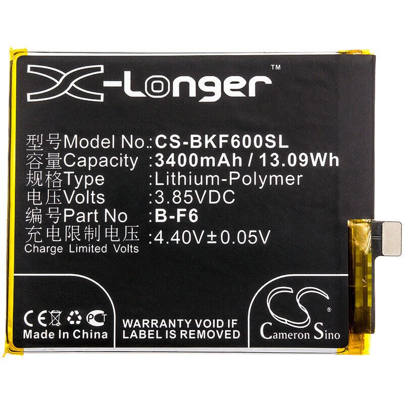 3.85V, Li-Polymer, 3400mAh, SmartPhone battery fits Vivo, Bbk, B-f6, V1821, Vivo Nex, 13.09Wh Mobile, SmartPhone Cameron Sino Technology Limited (Smartphone)