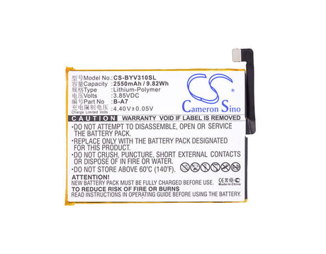 3.85V, Li-Polymer, 2550mAh, SmartPhone battery fits Bbk, B-a7, Vivo V3 A, Vivo V3m A, 9.82Wh Mobile, SmartPhone Cameron Sino Technology Limited (Suspended)