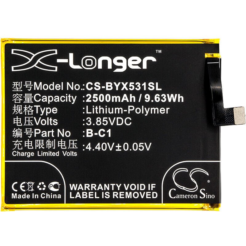 3.85V, Li-Polymer, 2500mAh, SmartPhone battery fits Bbk, Vivo, B-c1, Vivo Y53, Vivo Y53 Dual Sim, 9.63Wh Mobile, SmartPhone Cameron Sino Technology Limited (Smartphone)