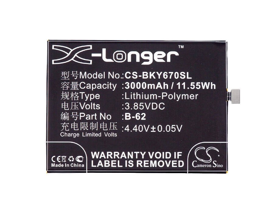 3.85V, Li-Polymer, 3000mAh, SmartPhone battery fits Bbk, Vivo, B-62, Vivo V5s, Vivo V5s Dual Sim, 11.55Wh Mobile, SmartPhone Cameron Sino Technology Limited (Suspended)