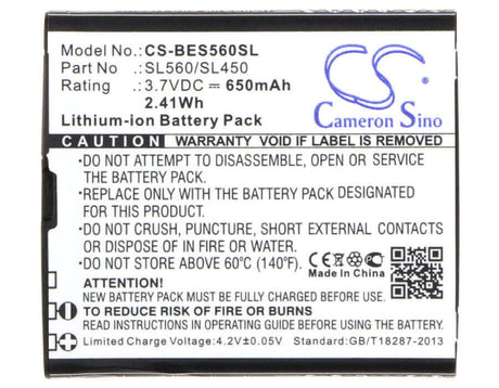 3.7V, Li-ion, 650mAh, SmartPhone battery fits Bea-fon, Sl560/sl450, Sl450, Sl560, 2.41Wh Mobile, SmartPhone Cameron Sino Technology Limited (Smartphone)