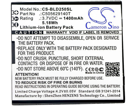 3.7V, Li-ion, 1400mAh, SmartPhone battery fits Blu, C505629140i, D250, D390, 5.18Wh Mobile, SmartPhone Cameron Sino Technology Limited (Smartphone)