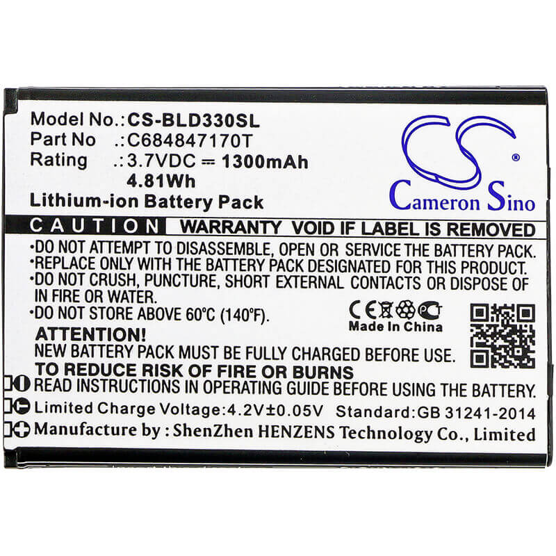 3.7V, Li-ion, 1300mAh, SmartPhone battery fits Blu, C684847170t, D330, Dash Music 2, 4.81Wh Mobile, SmartPhone Cameron Sino Technology Limited (Suspended)
