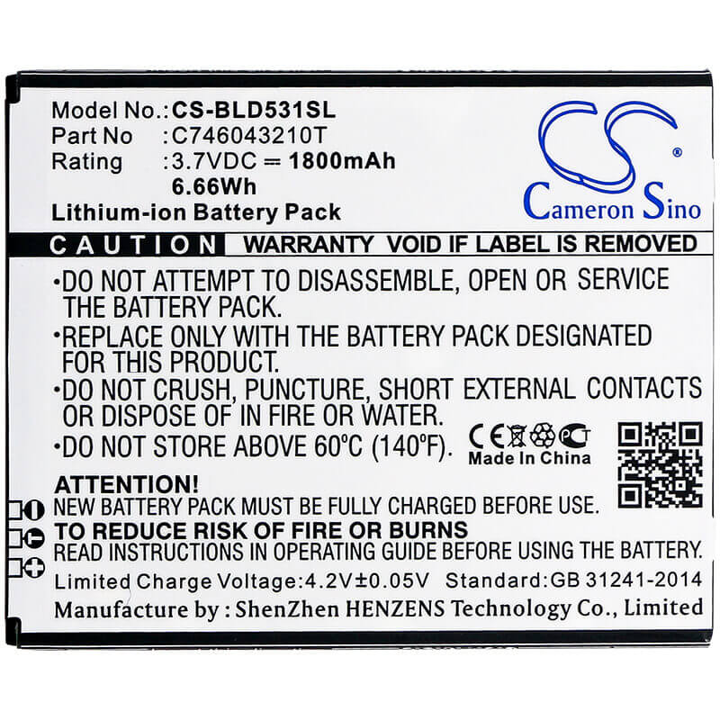 3.7V, Li-ion, 1800mAh, SmartPhone battery fits Blu, C746043210t, D530k, D531k, 6.66Wh Mobile, SmartPhone Cameron Sino Technology Limited (Smartphone)