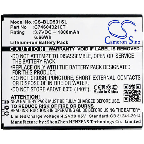 3.7V, Li-ion, 1800mAh, SmartPhone battery fits Blu, C746043210t, D530k, D531k, 6.66Wh Mobile, SmartPhone Cameron Sino Technology Limited (Smartphone)