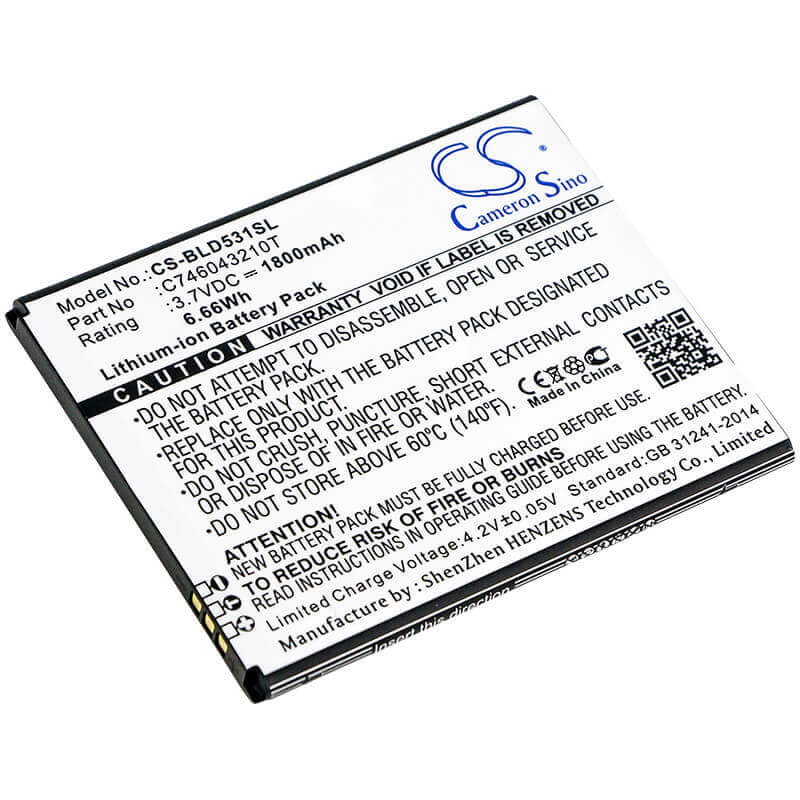 3.7V, Li-ion, 1800mAh, SmartPhone battery fits Blu, C746043210t, D530k, D531k, 6.66Wh Mobile, SmartPhone Cameron Sino Technology Limited (Smartphone)