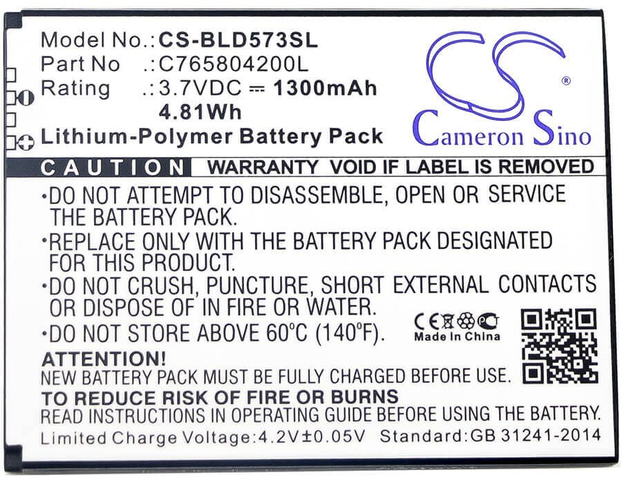 3.7V, Li-Polymer, 1300mAh, SmartPhone battery fits Blu, C765804200l, D572, Studio 5.0s Ii, 4.81Wh Mobile, SmartPhone Cameron Sino Technology Limited (Suspended)