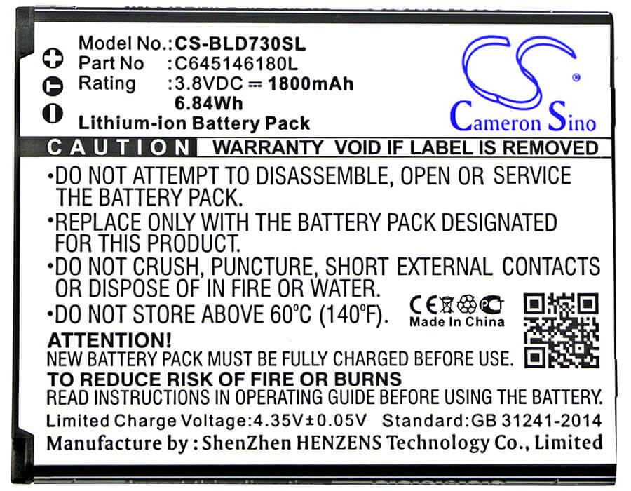 3.8V, Li-ion, 1800mAh, SmartPhone battery fits Blu, C645146180l, D730l, D730u, 6.84Wh Mobile, SmartPhone Cameron Sino Technology Limited (Suspended)
