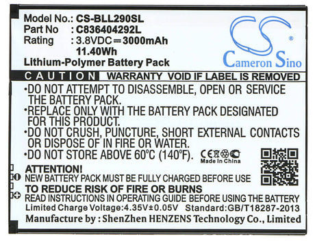 3.8V, Li-Polymer, 3000mAh, SmartPhone battery fits Blu, C836404292l, L290u, Life 8 Xl, 11.4Wh Mobile, SmartPhone Cameron Sino Technology Limited (Smartphone)