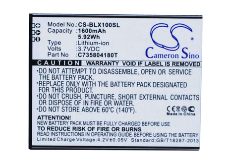 3.7V, Li-ion, 1600mAh, SmartPhone battery fits Blu, C735804180t, L100, L100a, 5.92Wh Mobile, SmartPhone Cameron Sino Technology Limited (Smartphone)