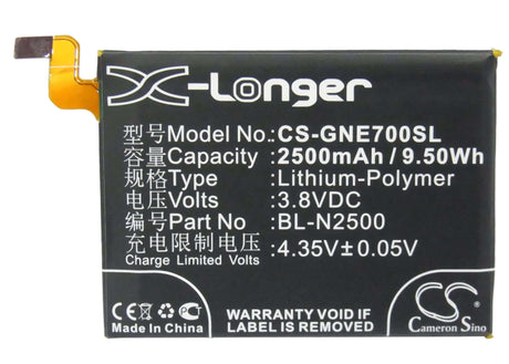 3.8V, Li-Polymer, 2500mAh, SmartPhone battery fits Blu, Gionee, Bl-n2500, L259l, L260l, 9.5Wh Mobile, SmartPhone Cameron Sino Technology Limited (Smartphone)