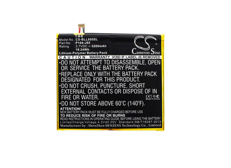 3.7V, Li-Polymer, 5200mAh, Tablet battery fits Blu, P104-j92, L800, L800l, 19.24Wh Tablet Cameron Sino Technology Limited