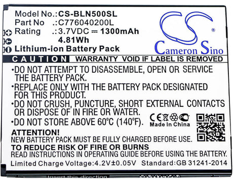 3.7V, Li-ion, 1300mAh, SmartPhone battery fits Blu, C776040200l, N010, N010l, 4.81Wh Mobile, SmartPhone Cameron Sino Technology Limited (Smartphone)