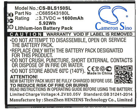 3.7V, Li-ion, 1600mAh, SmartPhone battery fits Blu, C685543180l, S0150uu, S0151uu, 5.92Wh Mobile, SmartPhone Cameron Sino Technology Limited (Smartphone)