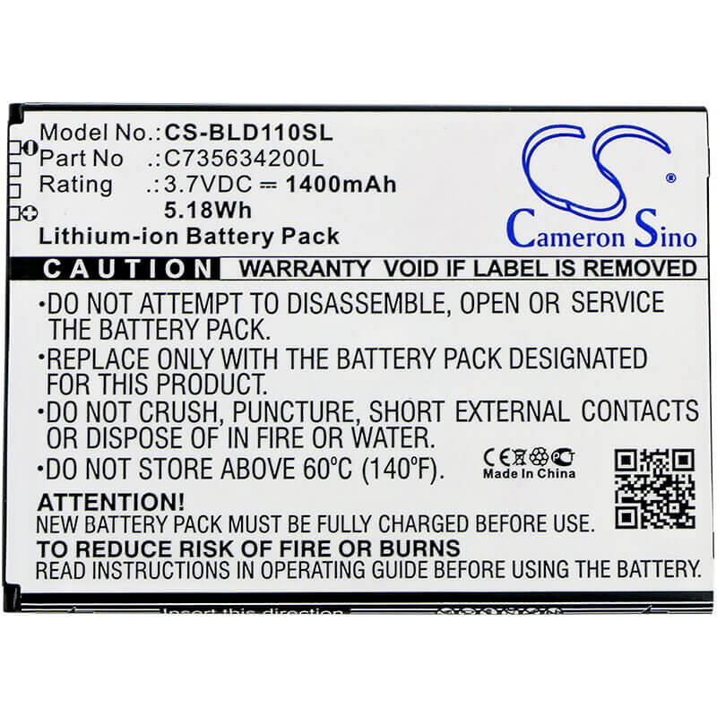 3.7V, Li-ion, 1400mAh, SmartPhone battery fits Blu, C735634200l, S110, S110l, 5.18Wh Mobile, SmartPhone Cameron Sino Technology Limited (Smartphone)