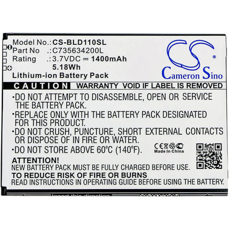 3.7V, Li-ion, 1400mAh, SmartPhone battery fits Blu, C735634200l, S110, S110l, 5.18Wh Mobile, SmartPhone Cameron Sino Technology Limited (Smartphone)