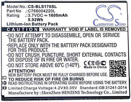 3.7V, Li-ion, 1600mAh, SmartPhone battery fits Blu, C766004220l, S170, Studio G Hd, 5.92Wh Mobile, SmartPhone Cameron Sino Technology Limited (Smartphone)