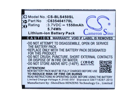 3.7V, Li-ion, 1550mAh, SmartPhone battery fits Blu, C635404170l, S450, Star 4.5, 5.74Wh Mobile, SmartPhone Cameron Sino Technology Limited (Smartphone)