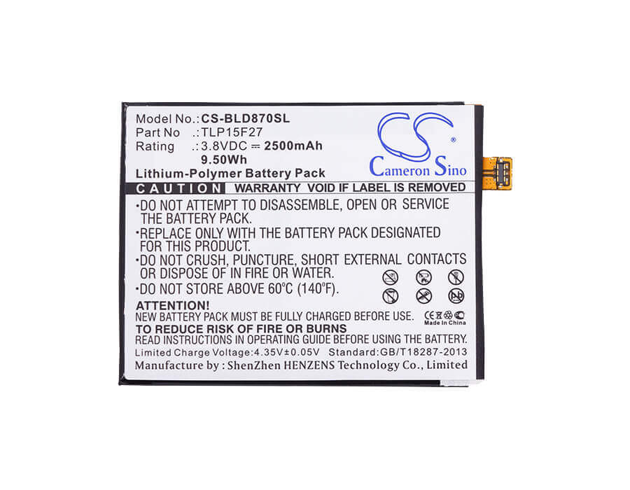 3.8V, Li-Polymer, 2500mAh, SmartPhone battery fits Blu, Tlp15f27, D870u, Studio C Super Camera, 9.5Wh Mobile, SmartPhone Cameron Sino Technology Limited (Smartphone)