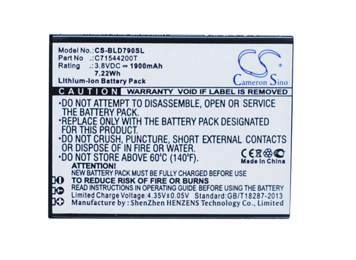 3.8V, Li-ion, 1900mAh, SmartPhone battery fits Blu, C71544200t, D790, D790l, 7.22Wh Mobile, SmartPhone Cameron Sino Technology Limited (Smartphone)
