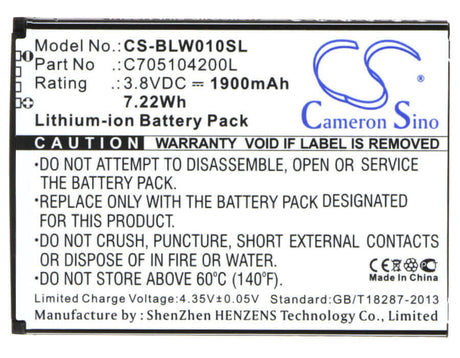 3.8V, Li-ion, 1900mAh, SmartPhone battery fits Blu, C705104200l, Studio Mini Lite 2, W010q, 7.22Wh Mobile, SmartPhone Cameron Sino Technology Limited (Suspended)