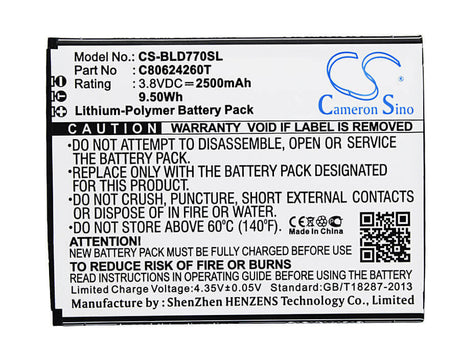 3.8V, Li-Polymer, 2500mAh, SmartPhone battery fits Blu, C80624260t, D770u, Studio X Plus, 9.5Wh Mobile, SmartPhone Cameron Sino Technology Limited (Smartphone)