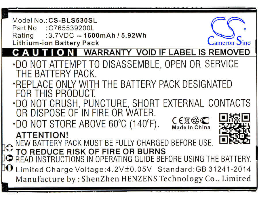 3.7V, Li-ion, 1600mAh, SmartPhone battery fits Blu, C765539200l, S530, S550q, 5.92Wh Mobile, SmartPhone Cameron Sino Technology Limited (Smartphone)