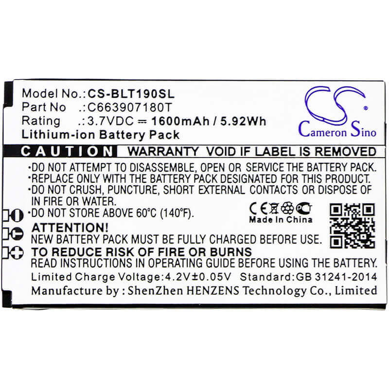3.7V, Li-ion, 1600mAh, SmartPhone battery fits Blu, C663907180t, T190, T190i, 5.92Wh Mobile, SmartPhone Cameron Sino Technology Limited (Suspended)