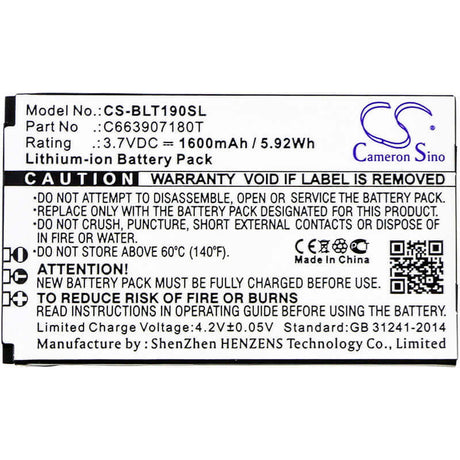 3.7V, Li-ion, 1600mAh, SmartPhone battery fits Blu, C663907180t, T190, T190i, 5.92Wh Mobile, SmartPhone Cameron Sino Technology Limited (Suspended)