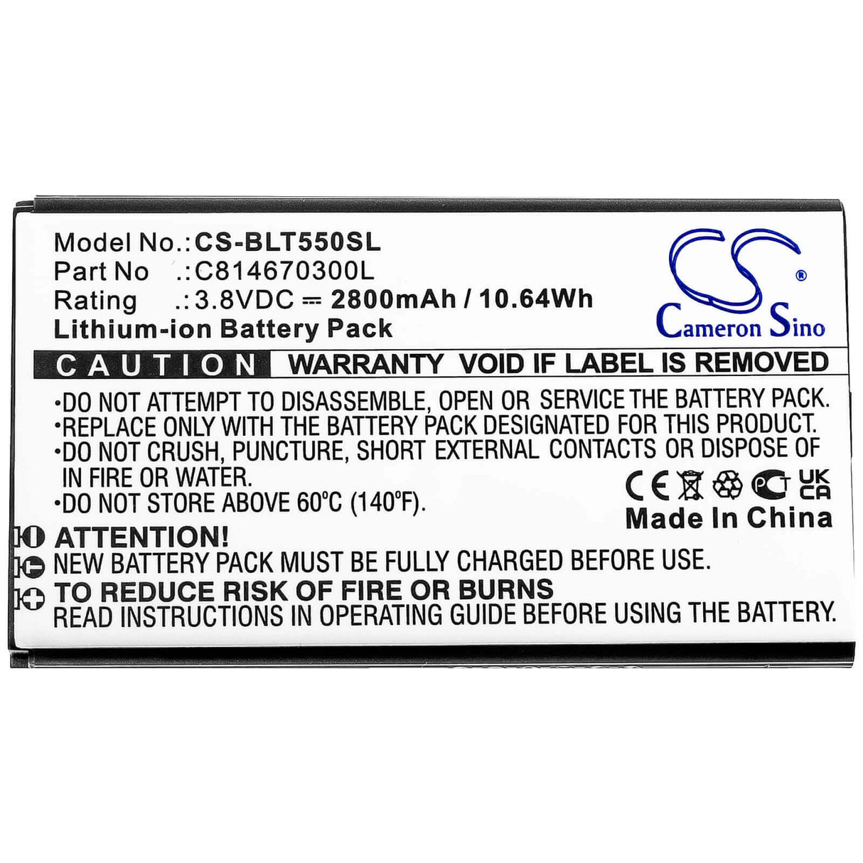 3.8V, Li-ion, 2800mAh, SmartPhone battery fits Blu, C814670300l, T550, Tank 2.4 Torch, 10.64Wh Mobile, SmartPhone Cameron Sino Technology Limited (Smartphone)