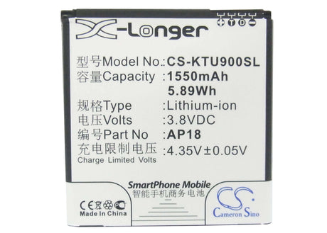 3.8V, Li-ion, 1550mAh, SmartPhone battery fits Blu, K-touch, Ap18, Tank 4.5, 5.89Wh Mobile, SmartPhone Cameron Sino Technology Limited (Smartphone)