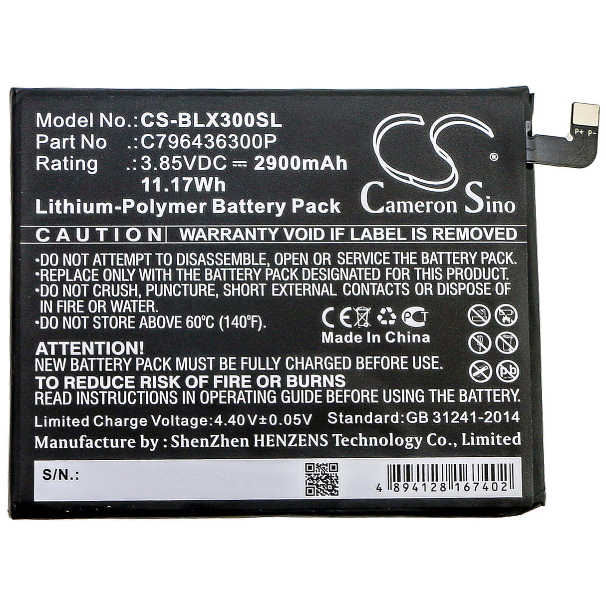 3.85V, Li-Polymer, 2900mAh, SmartPhone battery fits Blu, C796436300p, V0210ww, Vivo Xl3 Plus, 11.17Wh Mobile, SmartPhone Cameron Sino Technology Limited (Smartphone)