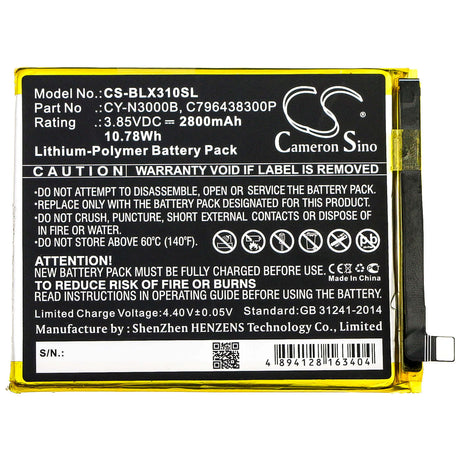 3.85V, Li-Polymer, 2800mAh, SmartPhone battery fits Blu, C796438300p, V0310ww, Vivo Xi Plus, 10.78Wh Mobile, SmartPhone Cameron Sino Technology Limited (Smartphone)