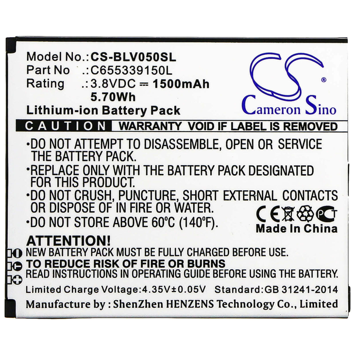 3.8V, Li-ion, 1500mAh, SmartPhone battery fits Blu, C655339150l, V050, Vivo 5 Mini, 5.7Wh Mobile, SmartPhone Cameron Sino Technology Limited (Smartphone)