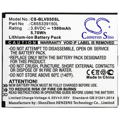 3.8V, Li-ion, 1500mAh, SmartPhone battery fits Blu, C655339150l, V050, Vivo 5 Mini, 5.7Wh Mobile, SmartPhone Cameron Sino Technology Limited (Smartphone)