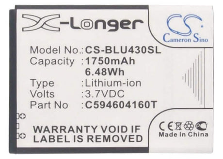 3.7V, Li-ion, 1750mAh, SmartPhone battery fits Blu, C594604160t, D910a, Vivo 4.3, 6.48Wh Mobile, SmartPhone Cameron Sino Technology Limited (Smartphone)