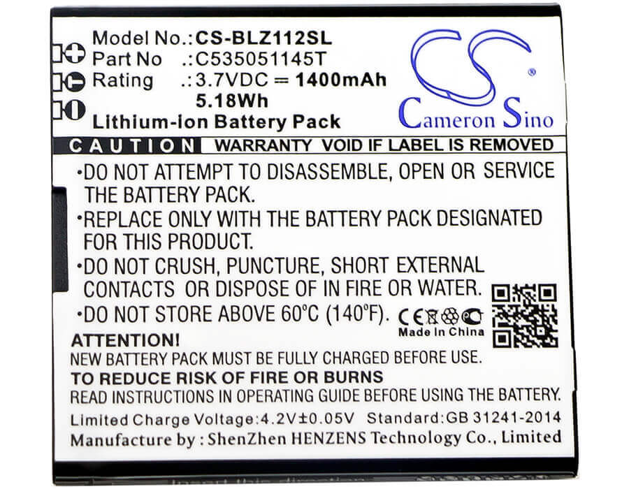 3.7V, Li-ion, 1400mAh, SmartPhone battery fits Blu, C535051145t, Yezz, Yz1120, 5.18Wh Mobile, SmartPhone Cameron Sino Technology Limited (Smartphone)