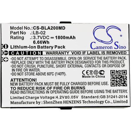3.7V, Li-ion, 1800mAh, Medical battery fits Biolight, Bolate, 12-100-0001, A2, A3, 6.66Wh Medical Cameron Sino Technology Limited (Medical)