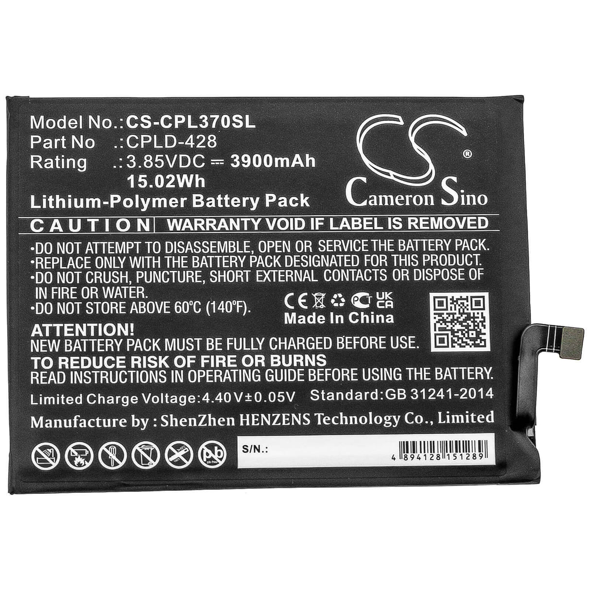 3.85V, Li-Polymer, 3900mAh, SmartPhone battery fits Coolpad, Metropcs, Boostmobile, Cpld-428, Cp3705as, Legacy, 15.02Wh Mobile, SmartPhone Cameron Sino Technology Limited (Smartphone)