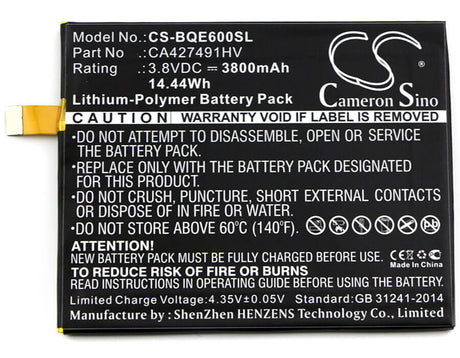 3.8V, Li-Polymer, 3800mAh, SmartPhone battery fits Bq, Ca427491hv, Aquaris E6, 14.44Wh Mobile, SmartPhone Cameron Sino Technology Limited (Smartphone)