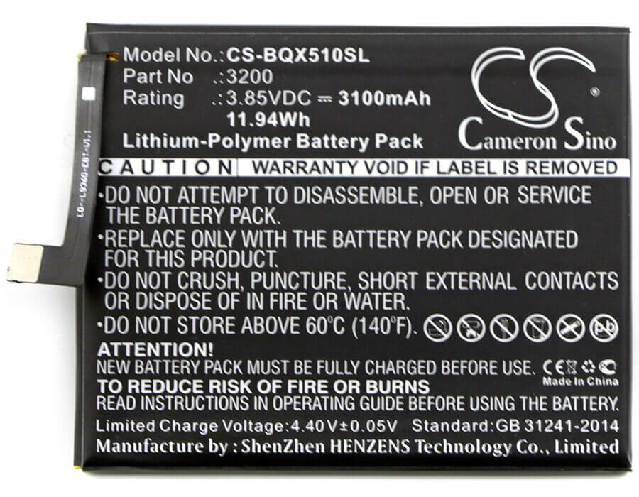 3.85V, Li-Polymer, 3100mAh, SmartPhone battery fits Bq, 3200, Aquaris X5 Plus, 11.94Wh Mobile, SmartPhone Cameron Sino Technology Limited (Smartphone)