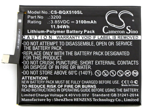 3.85V, Li-Polymer, 3100mAh, SmartPhone battery fits Bq, 3200, Aquaris X5 Plus, 11.94Wh Mobile, SmartPhone Cameron Sino Technology Limited (Smartphone)